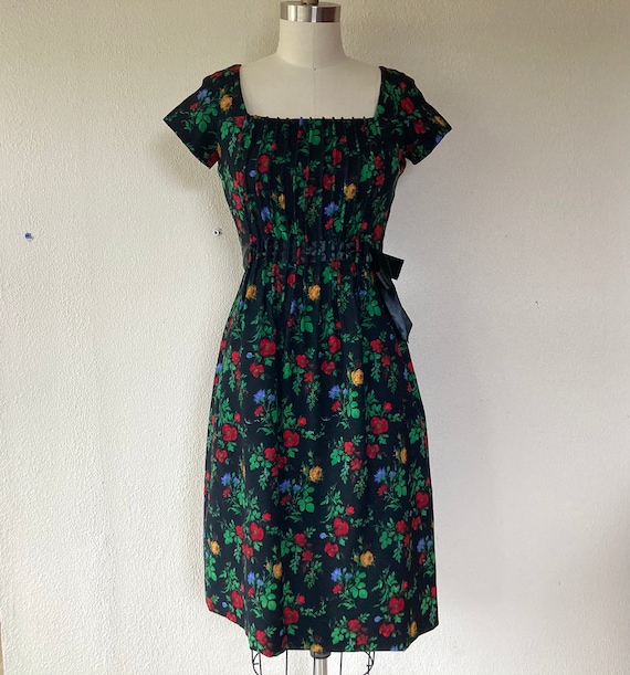 1960s Black floral wool dress - image 3