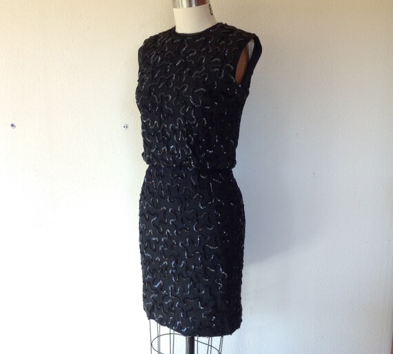 1960s black rayon dress with sequined squiggles - image 4