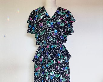 1970s Radley black floral peplum dress