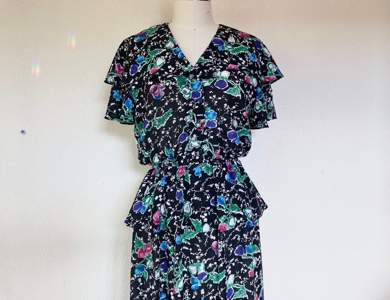 1970s Radley black floral peplum dress image 1