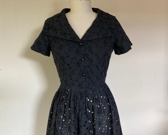 1960s Black cotton eyelet dress