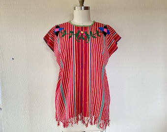 1970s Guatemalan embroidered striped cotton huipil