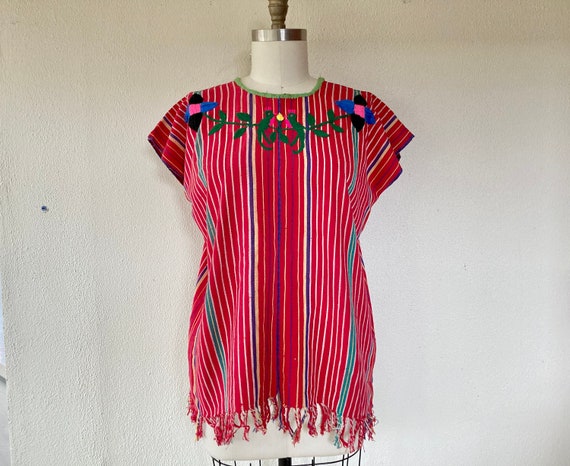 1970s Guatemalan embroidered striped cotton huipil - image 1