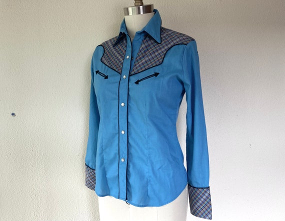 1970s Blue and plaid western style shirt - image 2