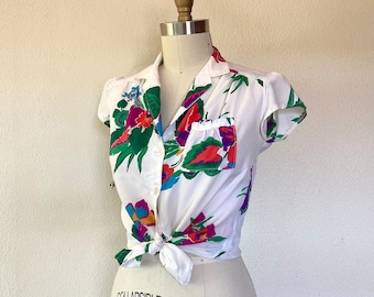 1970s White floral Hawaiian style shirt