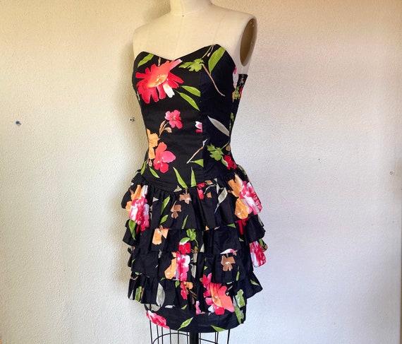 1980s Strapless floral cotton dress - image 2