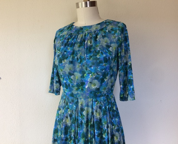 1950s Blue floral nylon dress