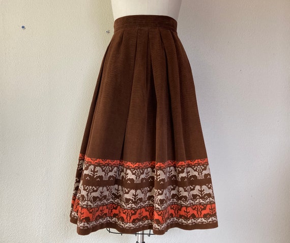 1950s Brown corduroy skirt with horse border print
