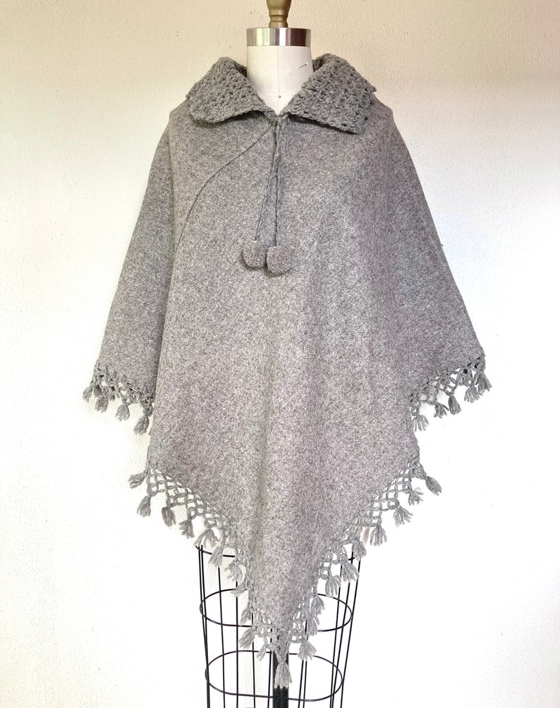 1970s Oatmeal wool cape poncho with crocheted collar and fringe image 2