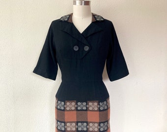 1950s black and brown wool wiggle dress