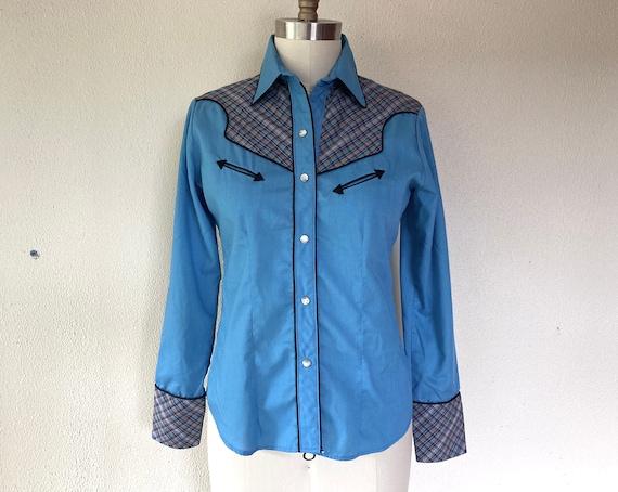 1970s Blue and plaid western style shirt - image 1