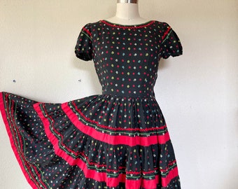 1950s Black and red cotton dress with polka dots and full skirt