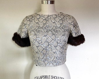 1960s Brocade blouse with fur trimmed sleeves