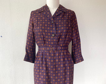 1950s Blue and brown printed day dress