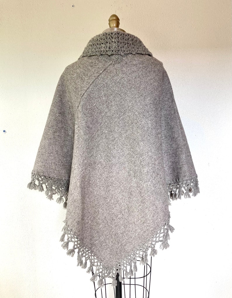 1970s Oatmeal wool cape poncho with crocheted collar and fringe image 4