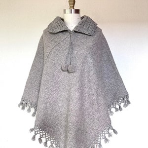 1970s Oatmeal wool cape poncho with crocheted collar and fringe image 1