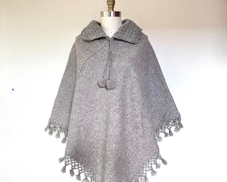 1970s Oatmeal wool cape poncho with crocheted collar and fringe image 1