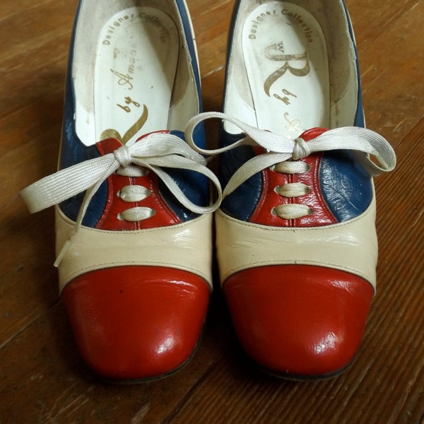 Vintage 1940s cream, red and blue high heels Sz 6.5