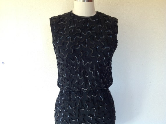 1960s black rayon dress with sequined squiggles - image 3