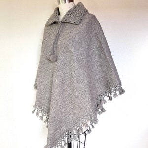 1970s Oatmeal wool cape poncho with crocheted collar and fringe image 3