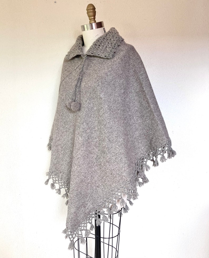 1970s Oatmeal wool cape poncho with crocheted collar and fringe image 3