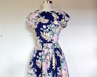 1980s Navy floral print cotton dress