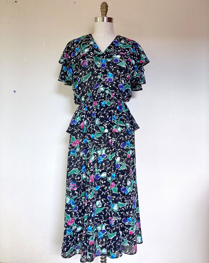 1970s Radley black floral peplum dress image 4