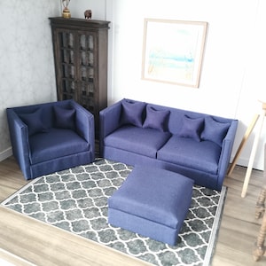 Dolls House 2 Seater Sofa, Chair & Ottoman Set | 1:12th Scale | Handmade