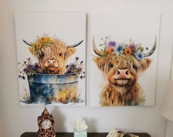 Dolls House Highland Cow Wall Art Prints | Set of 2 | 1:12th Scale | Handmade