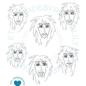 May include: A white print featuring six stylized faces with spiky hair, drawn in black ink. The text "80's Ladies Faces 2026" is at the bottom. A blue heart logo with text is in the lower left corner.