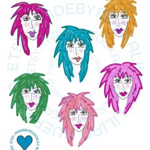May include: A collection of seven hand-drawn faces with vibrant, spiky hairstyles in shades of pink, green, blue, and orange. Each face features exaggerated makeup, including bold lipstick and eye shadow. The text "80's Ladies Faces 2026" is at the bottom.