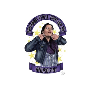 May include: Purple and white illustration of a person with long dark hair wearing a blue and white striped shirt and a black jacket. The person is surrounded by yellow stars and a purple banner that reads "Non-binary people don't owe you" and "Androgyny".