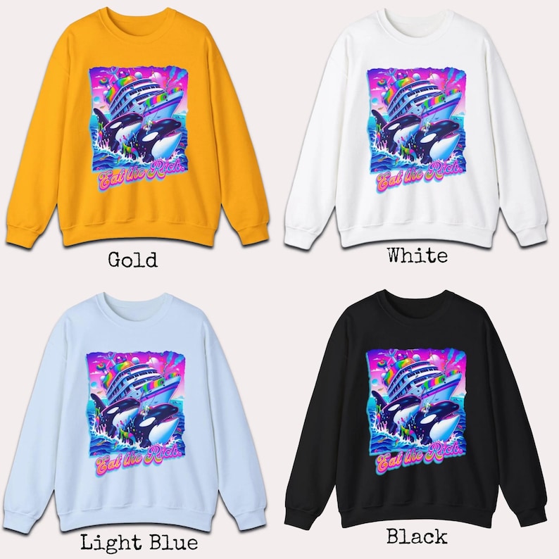 May include: A selection of crewneck sweatshirts in gold, white, light blue, and black. Each sweatshirt features a colorful graphic of orcas, a cruise ship, and the text "Bat the Beat".