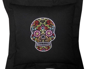 Embroidered Sugar Skull Accent Pillow