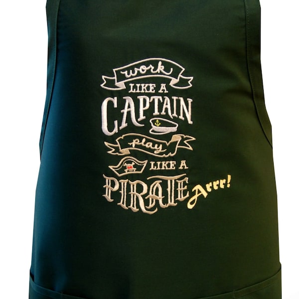 Embroidered Apron for Chefs - Work like a Captain, Play like a Pirate - BBQ, Grilling, Cooking, Great Gift