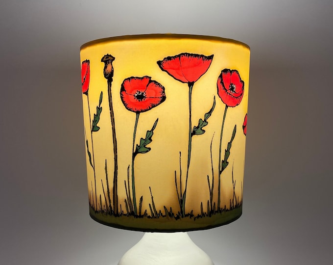 Poppy Lampshade For Table Lamp Base. Hand Silk Painted. Original 360 Art. Vintage Style. 15cm Diameter.