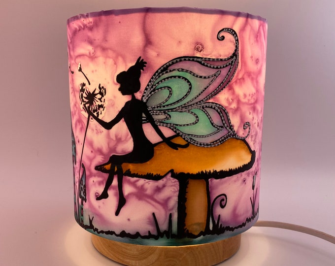 Hand Painted Fairy Lampshade. Unique Silk Painted Design. 15cm Drum. Pink, Purple, Blue. Mushrooms, Flowers, Toadstool.