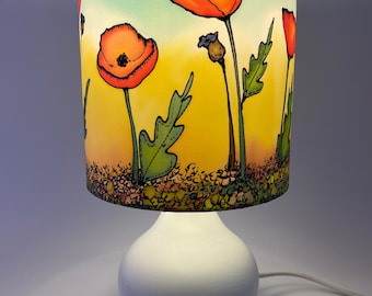 Poppy Lampshade For Table Lamp Base. Hand Silk Painted. Original 360 Art. 15cm Diameter.