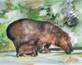 hippo print, hippo art, hippo gifts, baby hippo, hippopotamus, nursery wall art, African wildlife, animal art, watercolor painting, fine art