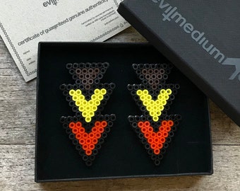 CHEVRON STATEMENT EARRINGS, yellow/brown/orange, triangular, geometric, hamabead earrings. perlerbead earrings, oversized, pixel earrings