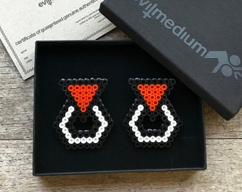 GEOMETRIC STATEMENT EARRINGS, orange/white, triangular, large stud, hamabead earrings, perlerbead earrings, oversized, pixel jewellery