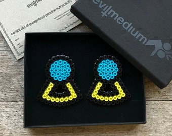 GEOMETRIC STATEMENT EARRINGS, blue/yellow, large stud, hamabead earrings, perlerbeads, oversized, pixel earrings, pixelated jewellery, 8bit
