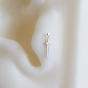 Miniature Sword Cartilage Stud • Handmade • Sterling Silver • Tiny Weapon Tragus Earring • 16 gauge bioplast push fit • Sword Jewelry