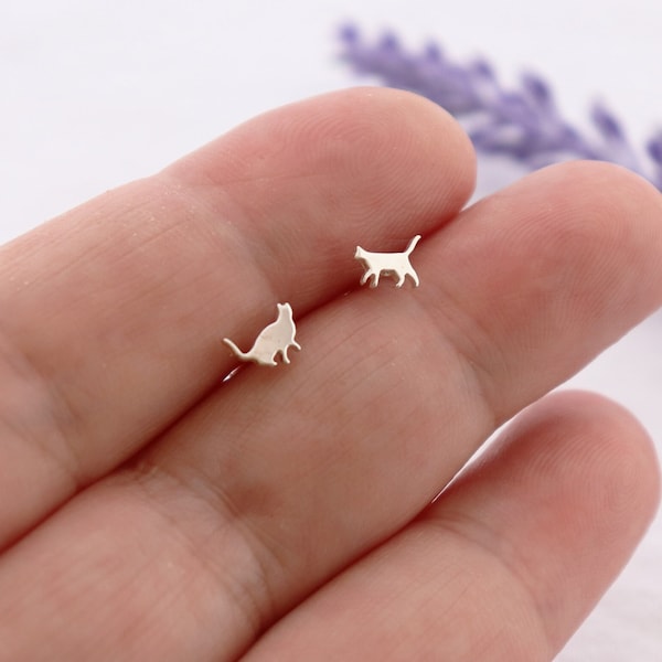 Mismatched Cat Studs, Handmade Sterling Silver Earrings, Walking and Sitting Profile Silhouette Cats