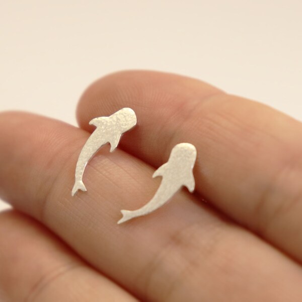 Whale Shark Studs in Sterling Silver • Hand Textured Finish • Sterling Silver Earrings • Ear Climbers • Whale Silhouette Earrings