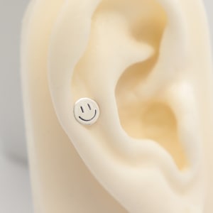 Smiley Face Cartilage Stud • Sterling Silver • Handmade • Happy Face Earring • 16 Gauge Flat Back • Push Fit Stud