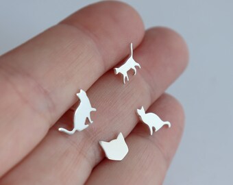 Set of 4 Cat Stud Earrings, Sterling Silver Mismatched Cat Earrings, Handmade Gift for Her, Cat Lady Gift, Silver Cat Jewelry, Pet Loss Gift