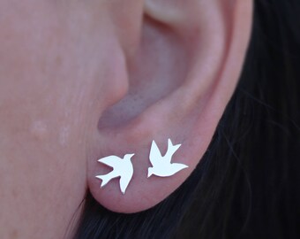 Silver Swallow Earrings, Sterling Silver Bird Studs,Artisan Earrings, Blue Bird Earrings, Girlfriend Gift for Her, Pretty Earrings, Handmade