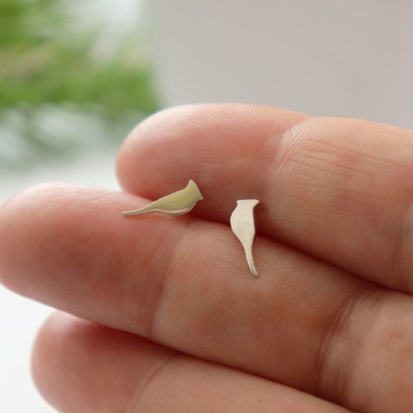Handmade Sterling Silver Cardinal Bird Stud Earrings: Bird Lover Gift