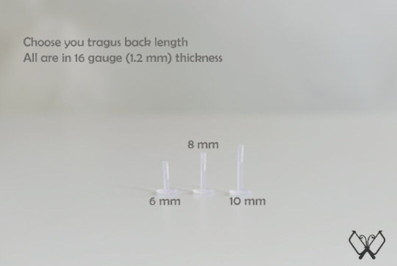 Puede incluir: Tres postes de tragus de pl&aacute;stico transparente en diferentes longitudes: 6 mm, 8 mm y 10 mm. Todos son de calibre 16 (1,2 mm de grosor). Elige la longitud de tu poste de tragus.